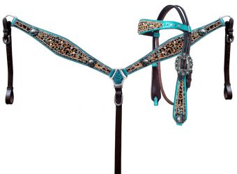 Showman Hair on Cheetah with metallic teal accent browband headstall and breast collar set with beads and engraved conchos and hardware